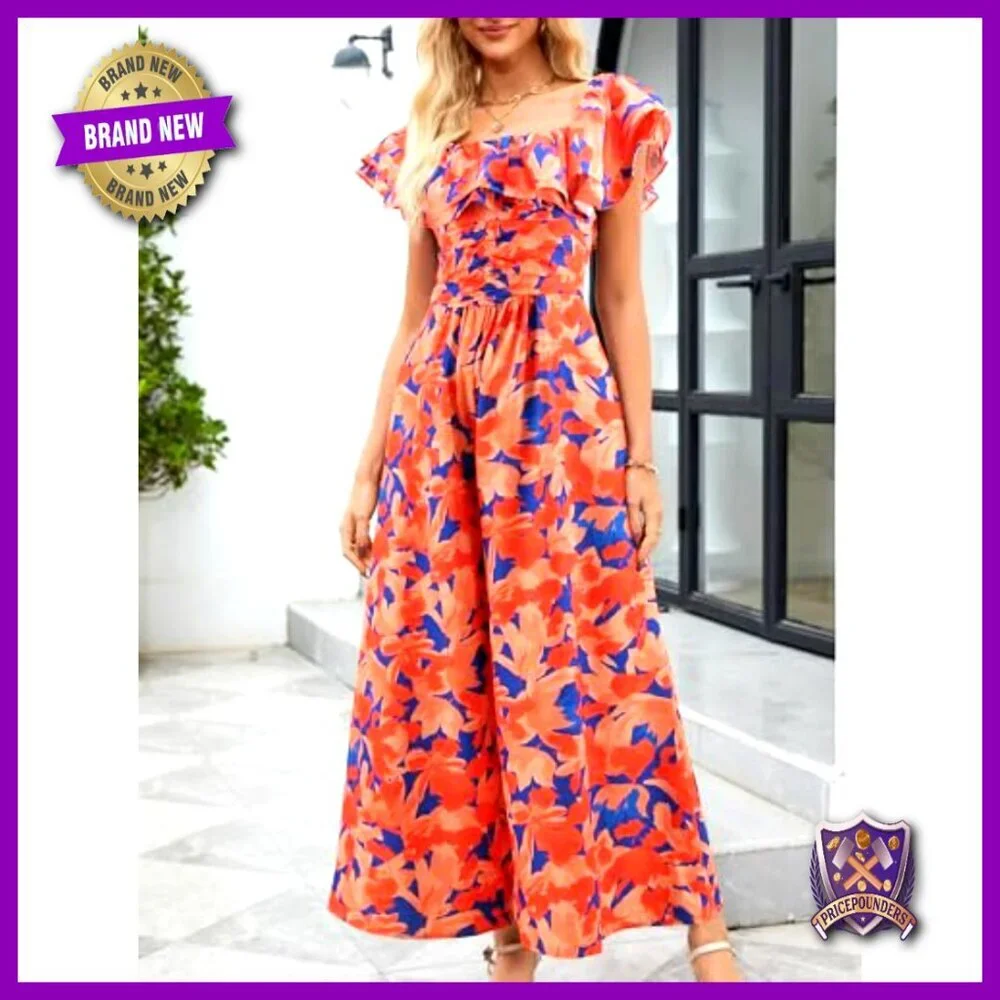 Floral Wide Leg Jumpsuit with Pockets, Square Neck, Ruffle Sleeves, Summer